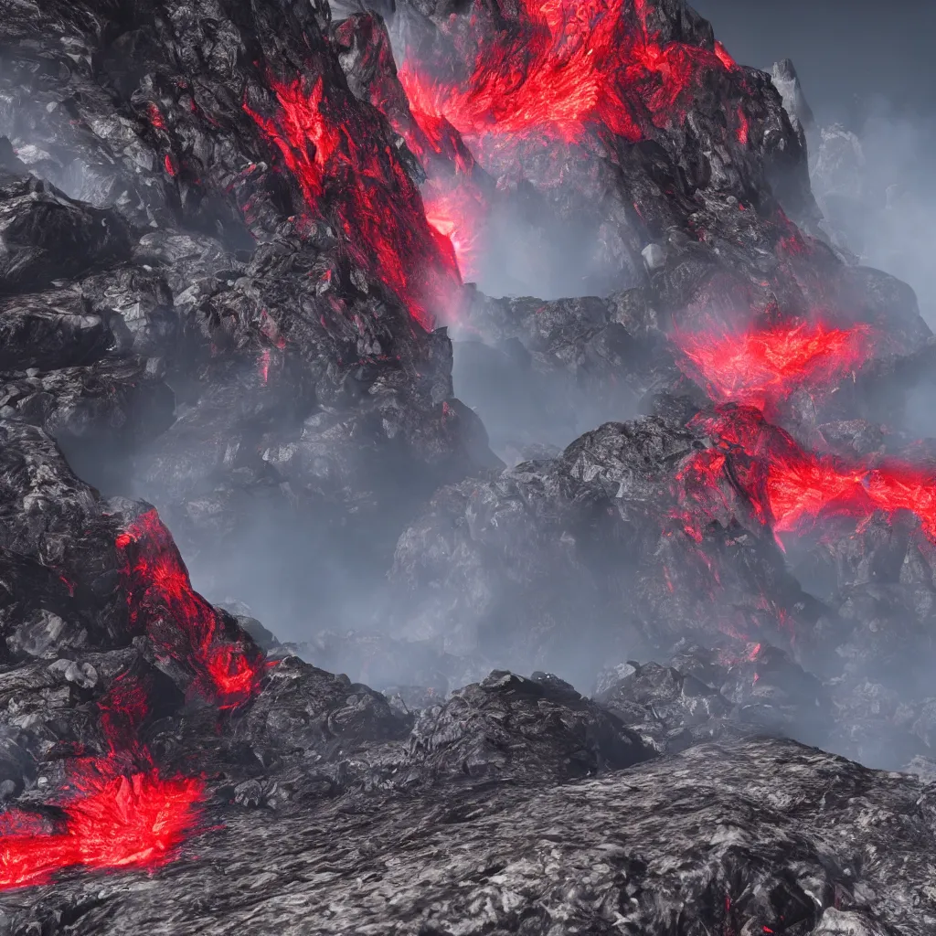 Image similar to satanic mountain goats with glowing red eyes on a sheer obsidian cliffside with lavaflow, lava waterfalls, skyrim gameplay screenshot, dark souls, epic