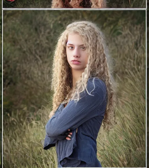 Prompt: a professional 8 5 mm highly detailed portrait of annabeth chase, a caucasian eighteen year old girl that looks like a california valley girl, intense stormy gray eyes, blonde curly hair, professional photography, midday lighting, defiant, beautiful