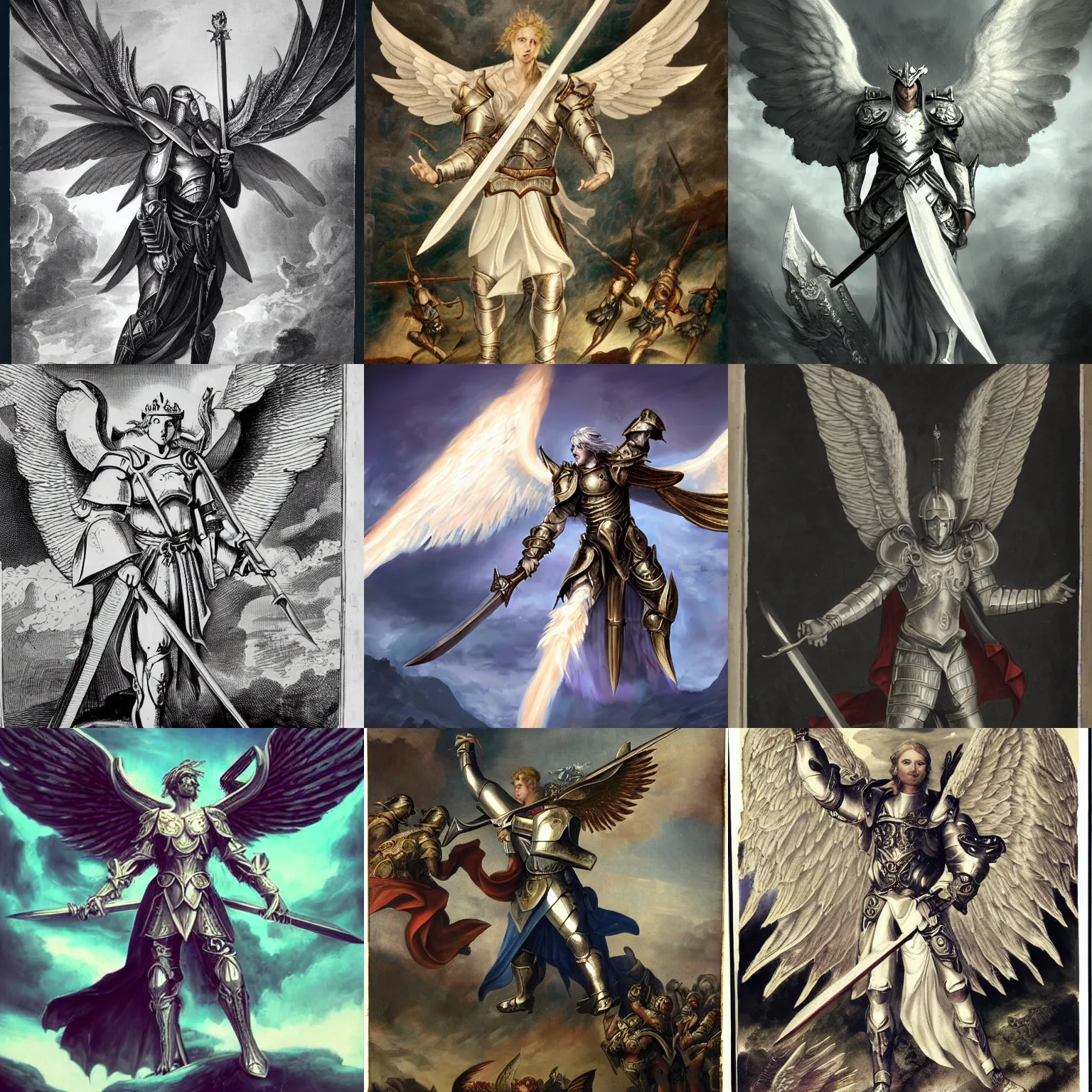 Prompt: male angel warrior in plate armor with big white wings, wielding a sword, descending from the sky prepared to battle, flanked by an army of demons
