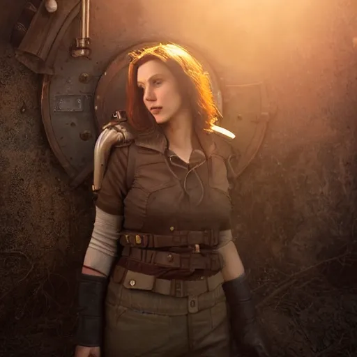 Prompt: fallout 5, charismatic beautiful rugged brunette female protagonist, portrait, outdoorsin front of vault 1 5 6, atmospheric lighting, painted, intricate, volumetric lighting, beautiful, daytime, sunny weather, slight overcast, sharp focus, deep colours, ultra detailed, by leesha hannigan, ross tran, thierry doizon, kai carpenter, ignacio fernandez rios