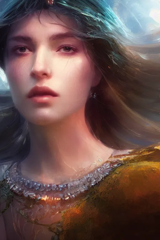 Image similar to Atlantis princess, gorgeous, close-up portrait, intricate, elegant, volumetric lighting, scenery, digital painting, highly detailed, artstation, sharp focus, illustration, concept art, ruan jia, steve mccurry