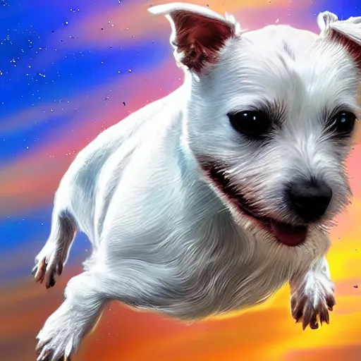 Image similar to absolutely white jack russell terrier broken, flying in space in a helmet, photorealism, digital painting, super quality, 4 k