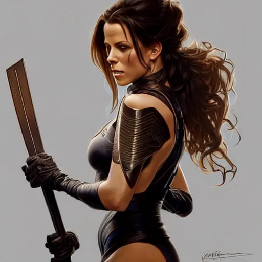 Image similar to a portrait of kate beckinsale as katana girl, upper half portrait, urban motifs, intricate, elegant, highly detailed, digital painting, trending on artstation, concept art, smooth sharp focus, illustration, art by artgerm and greg rutkowski alphonse mucha 8 k