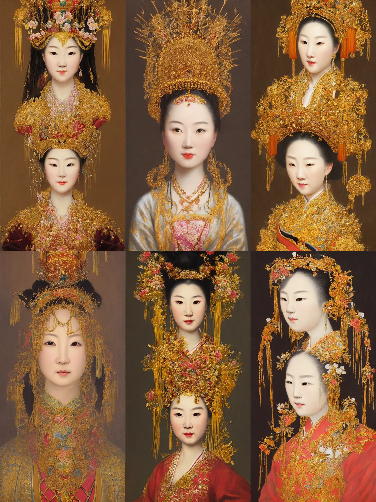 Prompt: a highly detailed romantic period style oil painting of a beautifully lit Chinese empress wearing an ornate golden headdress by Josep Tapiró Baró, trending on artstation, masterpiece, symmetry