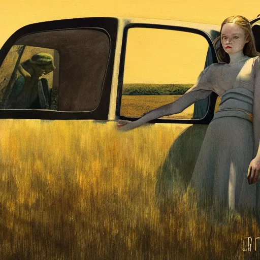 Image similar to Elle Fanning in the painted world of Drive, head and shoulders masterpiece, apocalypse, golden hour, cosmic horror, artstation, in the style of Andrew Wyeth and Edward Hopper and Bosch, extremely detailed