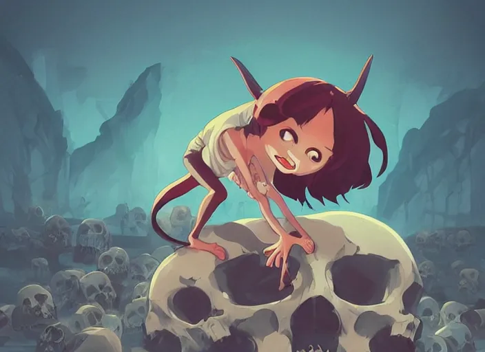 Prompt: cute smiling demon sitting on a pile of skulls. clean cel shaded vector art. behance hd by lois van baarle, artgerm, helen huang, by makoto shinkai and ilya kuvshinov, rossdraws, illustration, art by ilya kuvshinov