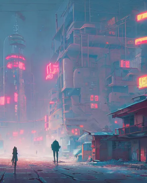 Image similar to painting of old ruined cyberpunk soviet village, detailed, by simon stalenhag, cory loftis, james gilleard, atey ghailan, makoto shinkai, goro fujita, studio ghibli, rim light, exquisite lighting, clear focus, very coherent, plain background, soft painting