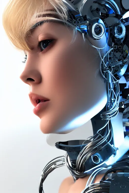 Image similar to a beautiful woman with blonde hair wearing robot suit with wires and light, highly detailed, photorealistic, artstation, smooth