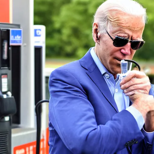 Prompt: Joe Biden drinking gasoline from the gas station pump