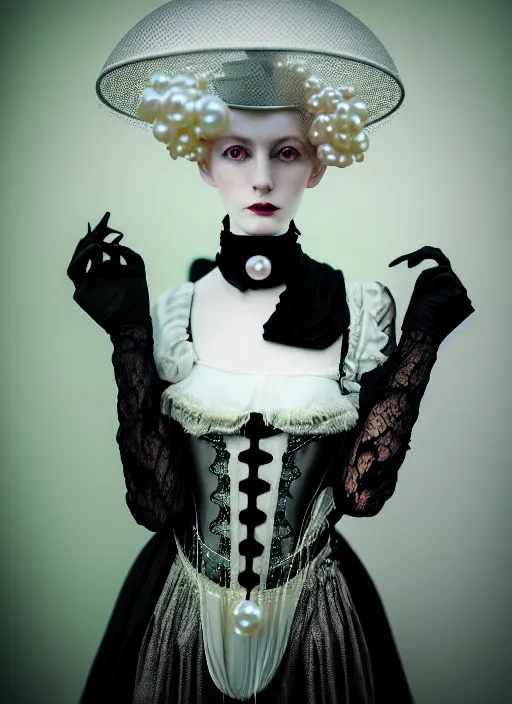 Prompt: kodak portra 4 0 0 photo portrait of a beautiful pale woman in style of tim walker, silver lace pearl steampunk biomechanic beautiful, big monocular, 1 5 0 mm, f 1. 2, volumetric light, coloured gel studio light, gothic fashion intricate pearl embroidered collar, unreal engine 5, 8 k