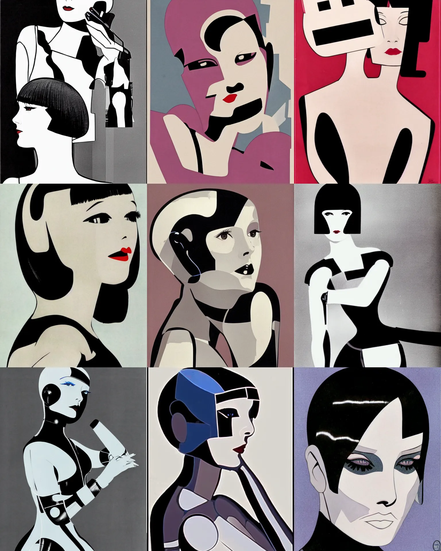 Prompt: mary louise brooks turning into a robot, half robot, chrome outfit, airbrush, robot arms, black shiny bob haircut, by patrick nagel, art deco style
