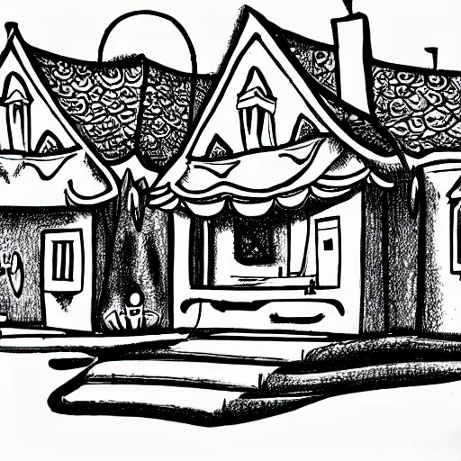 Prompt: a drawing of a house in the style of jim woodring