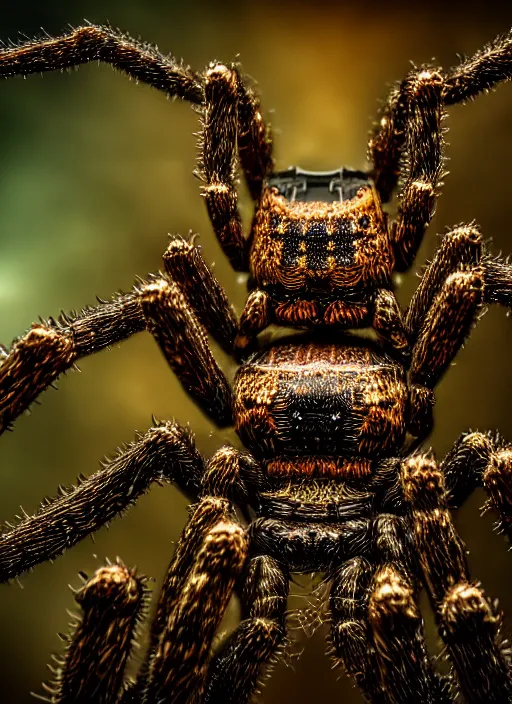 Image similar to macro photo of an intricate biomechanical spider, on the background of a weird magical mechanical forest. Round gears visible inside her hear. Very detailed 8k. Fantasy cyberpunk horror. Sharp. Cinematic post-processing