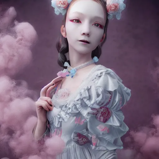 Image similar to 8 k, octane render, realism, tonalism, renaissance, rococo, baroque, cotton candy, portrait of a creepy young lady wearing long - harajuku manga - dress with flowers and skulls