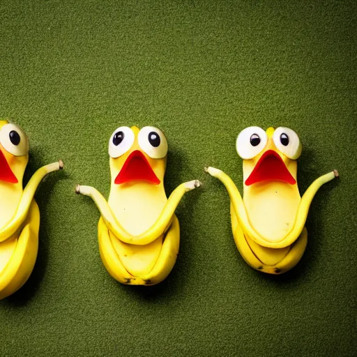 Image similar to professional photograph of banana ducks, peeled bananas with googly eyes and duck beaks