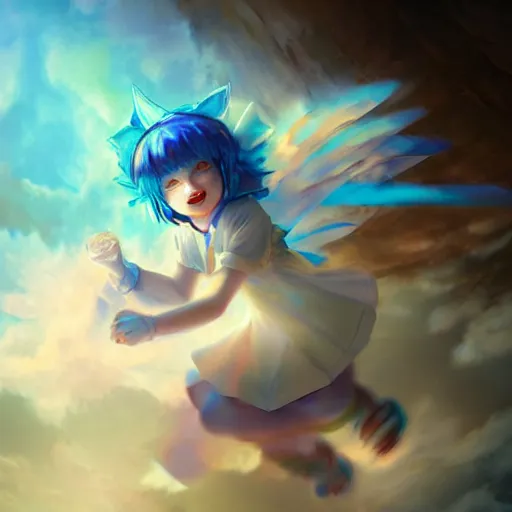 Image similar to cirno from touhou flying, matte painting by ross tran, artstation