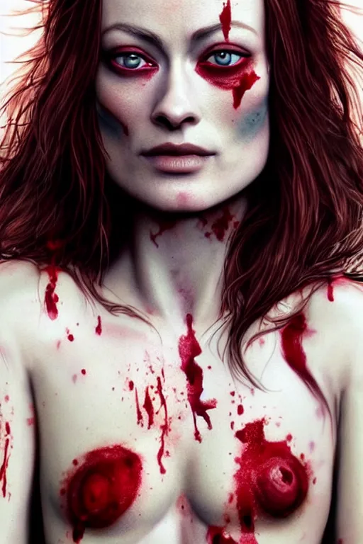 Image similar to pale woman covered with blood, olivia wilde face!!!, red hair, skeleton tattoo!, ultra realistic, concept art, intricate details, highly detailed, 4 5 mm. photorealistic, octane render, 8 k, unreal engine. film still, heavy grain, 3 5 mm, art by artgerm and greg rutkowski and alphonse mucha