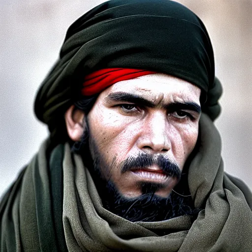 Image similar to portrait of che guevara as afghan man, green eyes and red scarf looking intently, photograph by steve mccurry