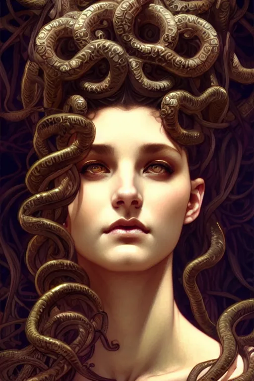 Prompt: greek medusa closeup filled background around face, fantasy magic, undercut hairstyle, dark light night, intricate, elegant, sharp focus, illustration, highly detailed, digital painting, concept art, matte, art by wlop and artgerm and greg rutkowski and alphonse mucha, masterpiece