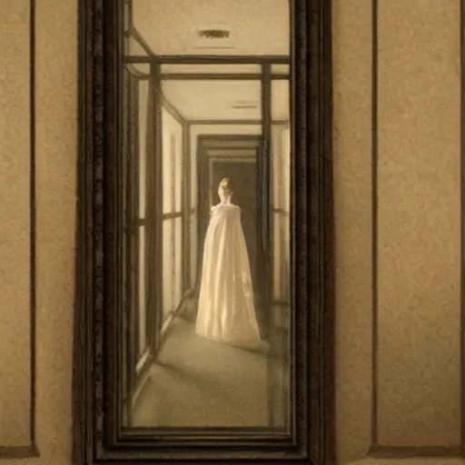 Image similar to a beautiful victorian woman is frightened by her doppleganger in a mirror. she is in a long hallway of mirrors. elegant design, haunting atmosphere, dimly lit, gothic, horror style, by greg rutkowski, realistic, low angle, 3 / 4 view.