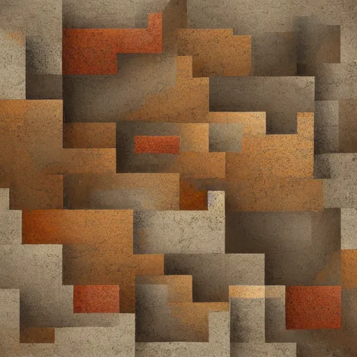 Image similar to masterpiece abstract intricate painting of detailed highly layered flat textured rocky field along a planer surface of rectangular shapes. highly geometric rectangular shapes with thin pencil rough sketch lines slanting down. isometric angles. beautiful use of light to create a sense of a stony landscape. using architectural brushwork and a rich earthy color palette, providing a mathematical rough sketch.