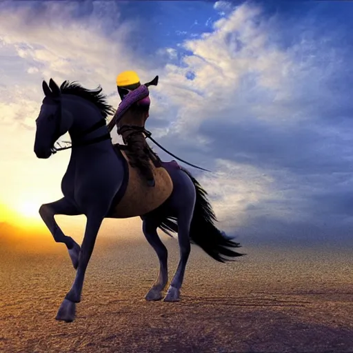 Prompt: ninja riding a horse toward sunset, photorealistic