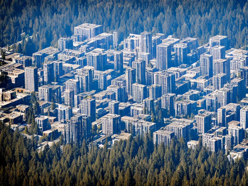 Prompt: bird's eye view photo of a metropolis highrise city, redwood forest separating from industrial district