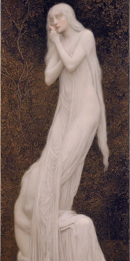 Image similar to Say who is this with silver hair so pale and Wan and thin? Feminine angel in the style of Jean Delville, Lucien Lévy-Dhurmer, Fernand Keller, Fernand Khnopff, oil on canvas, 1896, 4K resolution, aesthetic, mystery