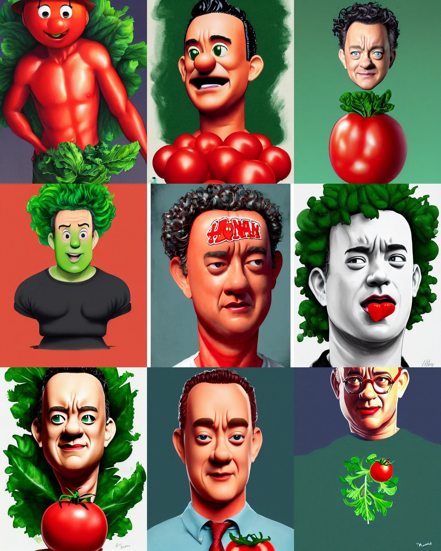 Prompt: tom hanks as tomato hanks mascot, his skin is red with leafy green hair, animation character, dramatic lighting, london fashion week, tom hanks tomato face, shaded lighting poster by magali villeneuve, artgerm, jeremy lipkin and michael garmash, rob rey and kentaro miura style, trending on art station