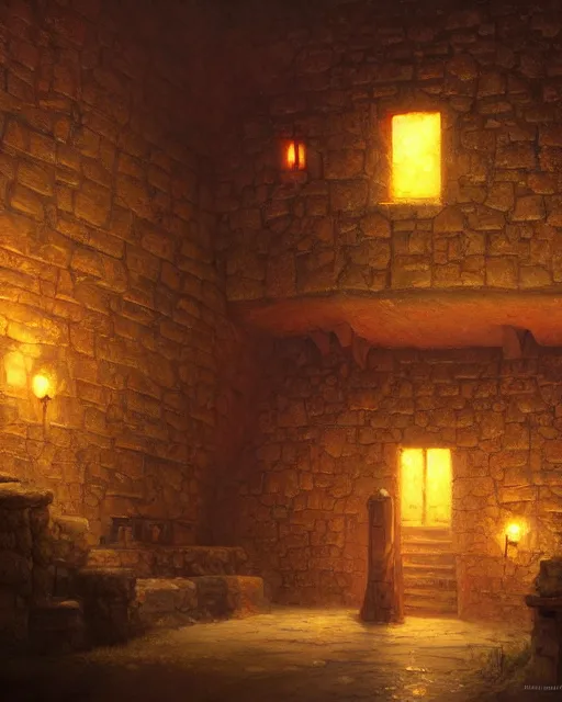 Prompt: a corner of a adobe house, torchlit, concept art by marc simonetti and christophe vacher, trending on artstation