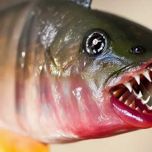 Image similar to closeup photo of Piranha with teeth - 35mm, bokeh, trending on artstation