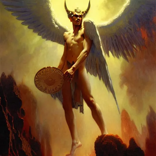 Image similar to attractive male lucifer morning star casting a spell summoning male demons. highly detailed painting by gaston bussiere, craig mullins, j. c. leyendecker, 8 k