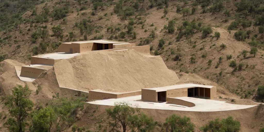 Image similar to rammed earth, ancient egyptian fortress atop a jungle hill