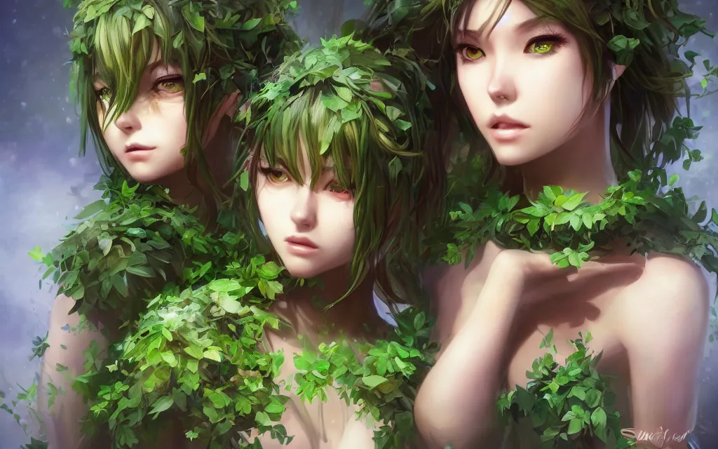 Image similar to A realistic anime portrait of a beautiful dryad twins with glowing green eyes and tree bark skin wearing clothes made of leaves, digital painting, by Stanley Artgerm Lau, Sakimichan, WLOP and Rossdraws, digtial painting, trending on ArtStation, SFW version