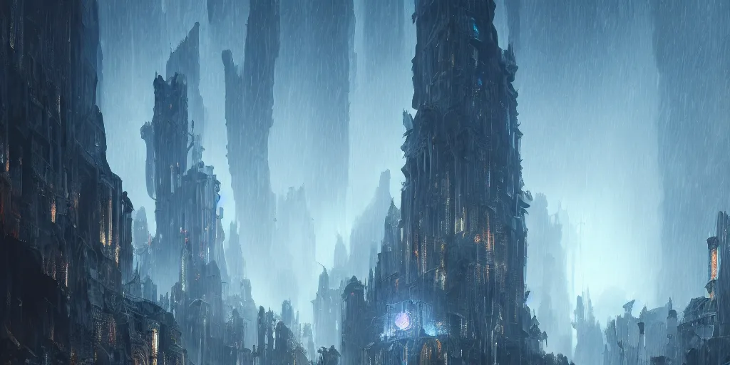 Prompt: a fantasy city built within a vast cave, sleek glass buildings, elegant walkways between towers, illustration, raining, dark and moody lighting, digital art, oil painting, octane render, cold blue tones, fantasy, 8 k, trending on artstation, detailed