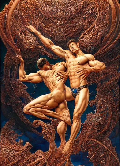 Prompt: two muscular men, bodies entwined, floating in the air looking up at the stars, zero gravity, highly detailed and intricate, masterpiece, by ayami kojima, karol bak, greg hildebrandt, and mark brooks, neo - gothic, intricate, rich deep colors. beksinski painting, part by takato yamamoto. 8 k masterpiece