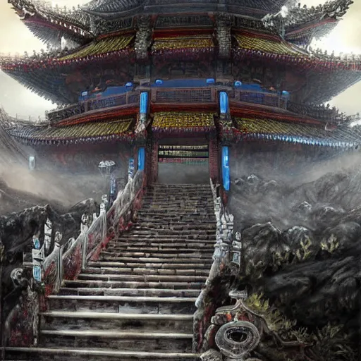 Image similar to dynamic composition, motion, ultra-detailed, incredibly detailed, a lot of details, amazing fine details and brush strokes, colorful and grayish palette, smooth, HD semirealistic anime CG concept art digital painting, watercolor oil painting of epic castle gate, from Three Kingdoms, by a Chinese artist at ArtStation, by Huang Guangjian, Fenghua Zhong, Ruan Jia, Xin Jin and Wei Chang. Realistic artwork of a Chinese videogame, gradients, gentle an harmonic grayish colors.