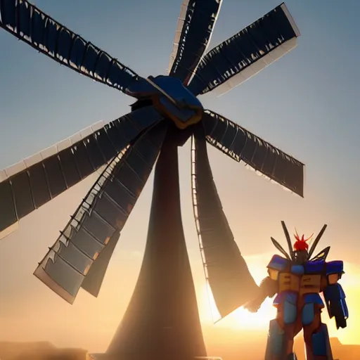 Image similar to gundam as dutch windmill in gundam, gundam is windmill shaped, dutch windmill gundam, in gears of war, splash art, movie still, cinematic lighting, ray tracing, octane render, long lens, shallow depth of field, bokeh, anamorphic lens flare, 8 k, hyper detailed, 3 5 mm film grain