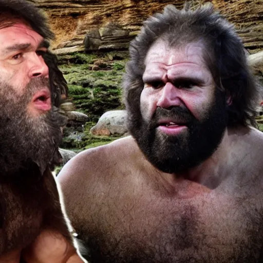 Image similar to photo of ancient caveman surprised to meet Joe rogan, ultra realistic, 4k UHD, pristine