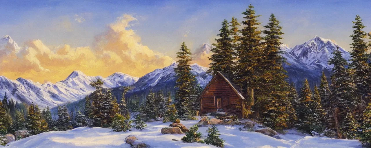 Image similar to landscape with a cabin in the woods, golden hour, snowcapped mountains in the distance with rolling hills covered in snow, evergreen trees painted by bob ross