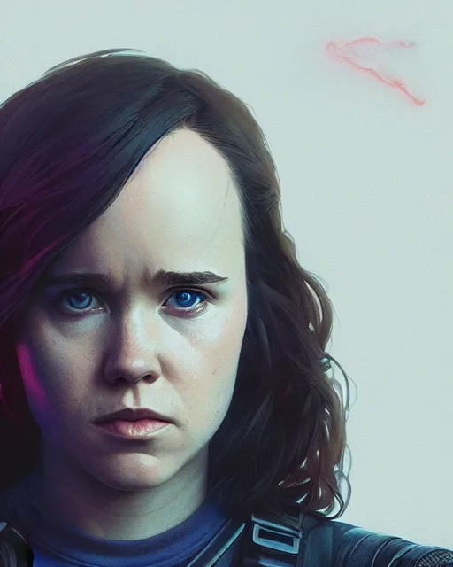 Image similar to highly detailed vfx portrait of ellen page as terminator, stephen bliss, unreal engine, greg rutkowski, loish, rhads, beeple, makoto shinkai and lois van baarle, ilya kuvshinov, rossdraws, tom bagshaw, alphonse mucha, global illumination, detailed and intricate environment