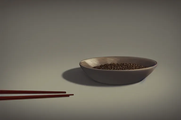 Prompt: an empty bowl with a few rice grains and broken chinese chopsticks, on a dirty table in poor apartments, running rat, dark atmosphere, digital art, trending on artstation