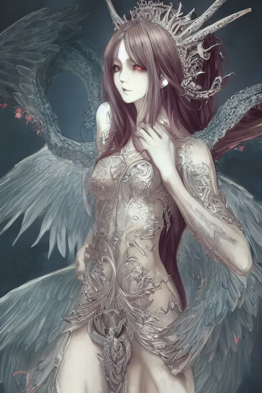 Prompt: beautiful demon anime maiden with angelic wings, intricate, elegant, highly detailed, artstation, concept art, illustration, art by Yoshitaka Amano