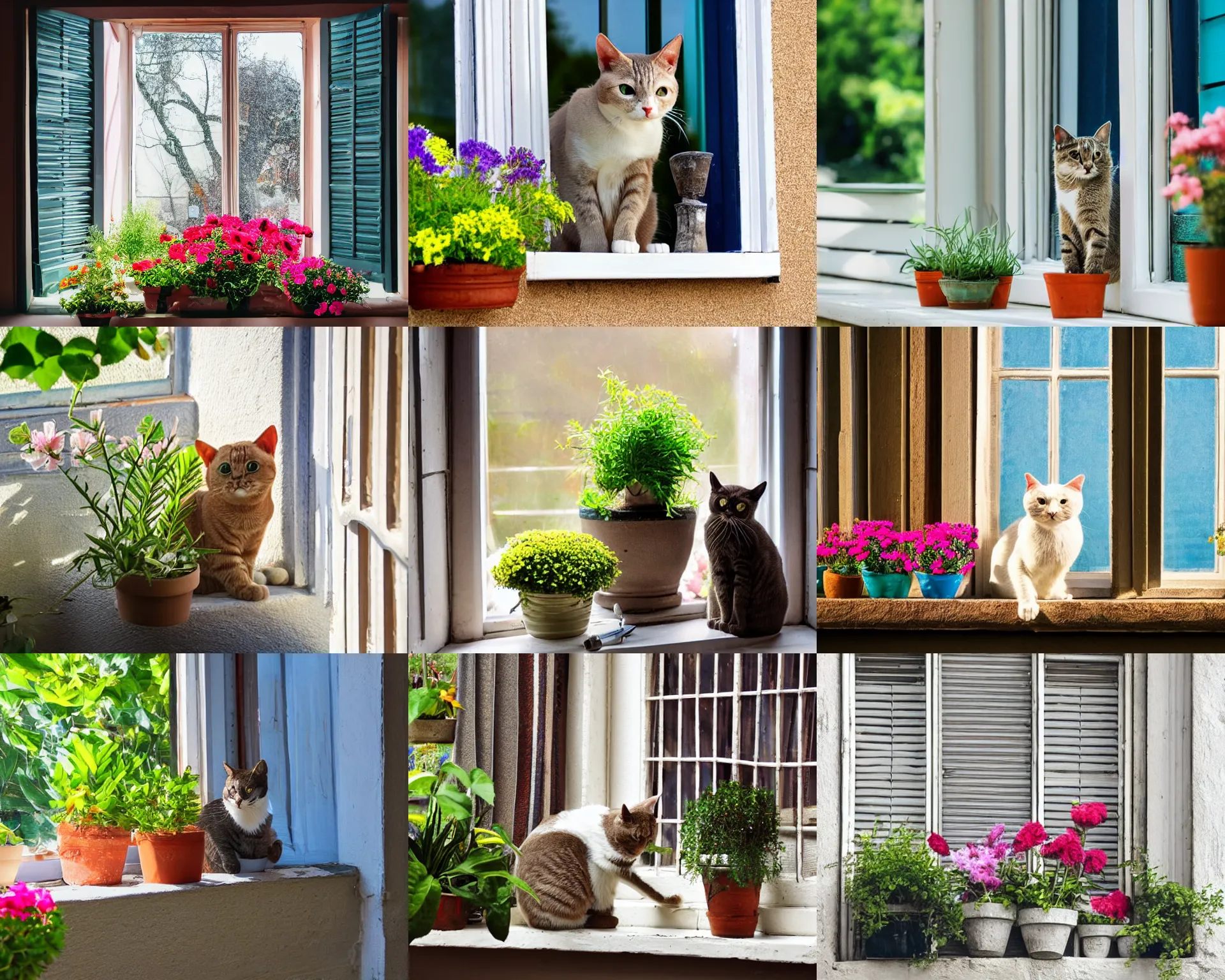 Prompt: Clasped cat in the center of the composition stands on the window sill, flower pots, shutters, bright sun, pale colors, calm, peaceful