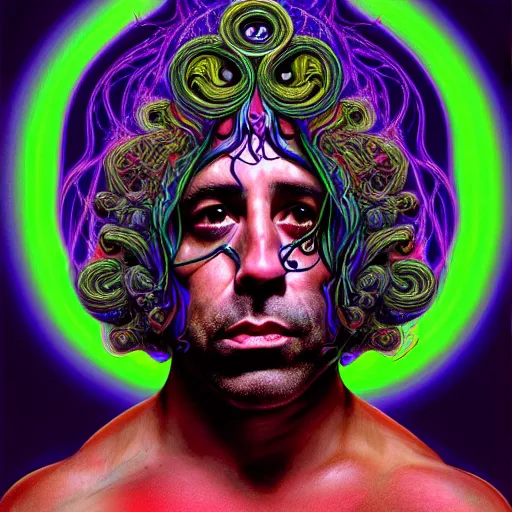 Image similar to an extremely psychedelic portrait of joe rogan as medusa, surreal, lsd, face, detailed, intricate, elegant, lithe, highly detailed, digital painting, artstation, concept art, smooth, sharp focus, illustration