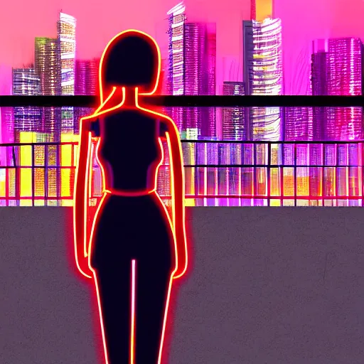 Image similar to cyberpunk woman standing in front of the cityscape, neon colors, sunset, realistic digital painting