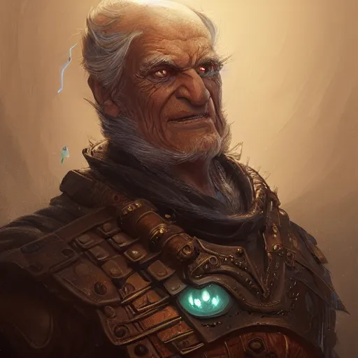 Prompt: a detailed portrait of an slightly old person with glowing eyes dressed with a dark leather armor, by justin gerard and greg rutkowski, digital art, realistic painting, character design, trending on artstation