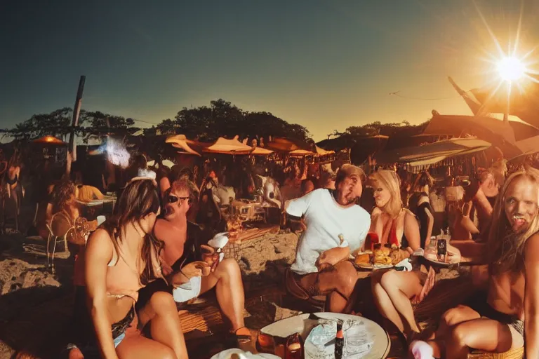 Prompt: an amazing award winning polaroid photo of animals at a party at the beach, drinking, food, bar, music, resort, praising the sun, golden hour, cinematic, atmospheric, 8k resolution, Hyperrealistic