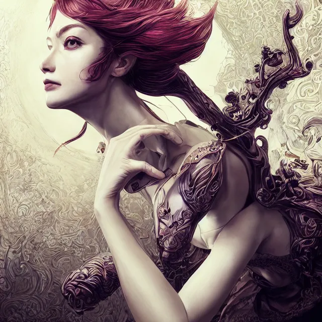 Image similar to the portrait of the lawful evil alignment personified as an absurdly beautiful, graceful, elegant, sophisticated, young woman, an ultrafine hyperdetailed illustration by kim jung gi, irakli nadar, intricate linework, bright colors, octopath traveler, final fantasy, unreal engine 5 highly rendered, global illumination, radiant light, detailed and intricate environment