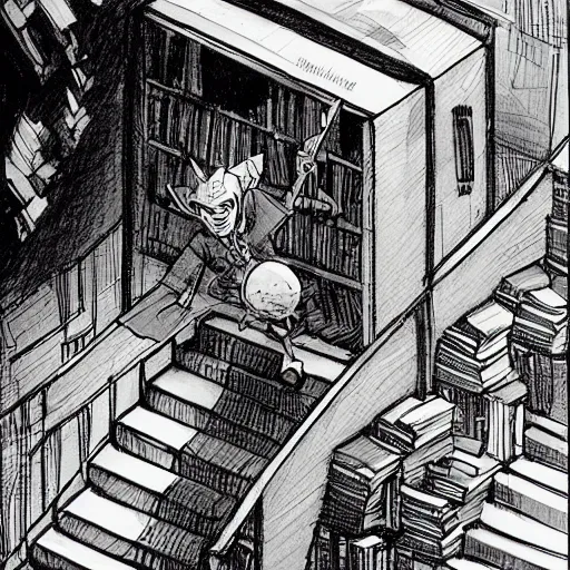 Image similar to a wizard running down a flight of stairs and dropping a bunch of books by Kim Jung gi